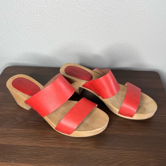 Madewell Lipstick Red Double Strap Leather Wood Clara Clog Heeled Sandal - Picture 4 of 14